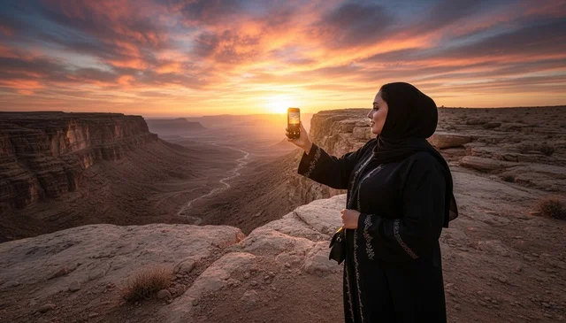 امرأة سعودية بالعباءة تصور غروب الشمس في الصحراء