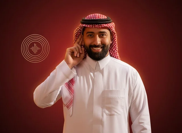 Saudi Man in Traditional Dress with Audio Soundwave Icon