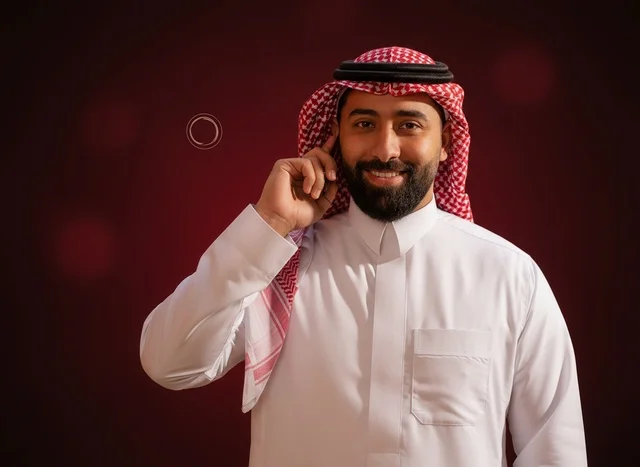 رجل سعودي مبتسم بالثوب والشماغ التقليدي