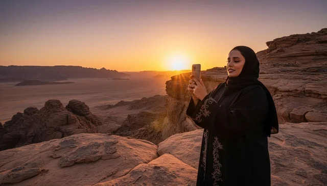 Saudi Woman in Abaya Taking Desert Sunset Photo