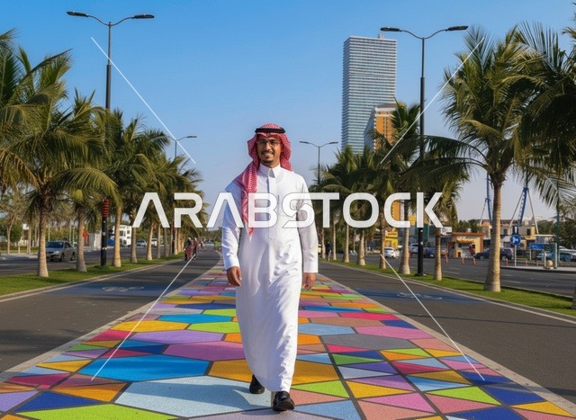رجل سعودي يمشي على ممشى ملون في مدينة حديثة