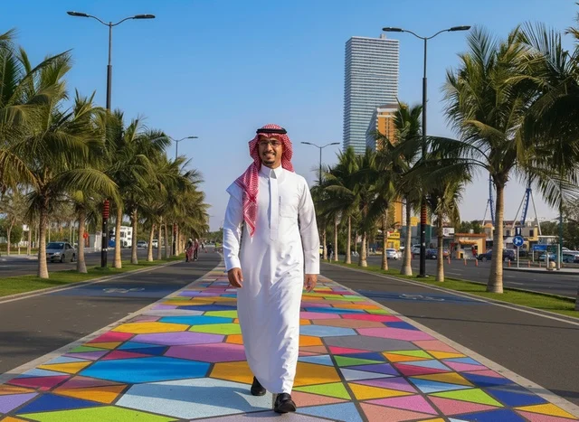 Saudi Man Walking on Colorful Urban Pedestrian Pathway