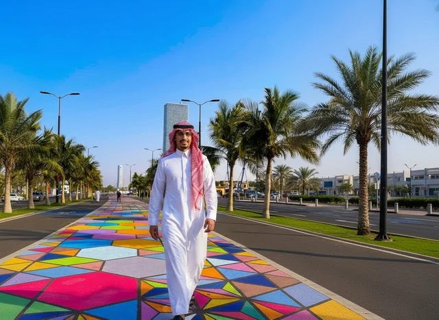 Saudi Man in Traditional Thobe on Colorful Walkway