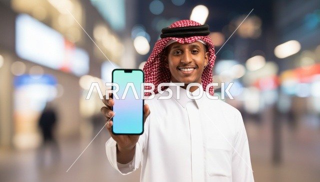 رجل سعودي يحمل هاتفاً ذكياً بخلفية ملونة