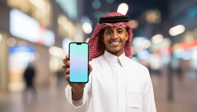 A Saudi man holding a smartphone with a colorful background.