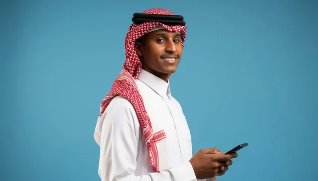 رجل سعودي مع هاتف ذكي على خلفية زرقاء