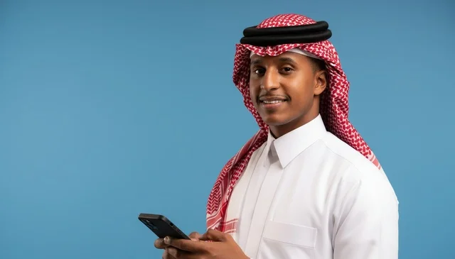 Saudi Man with Smartphone on Blue Background