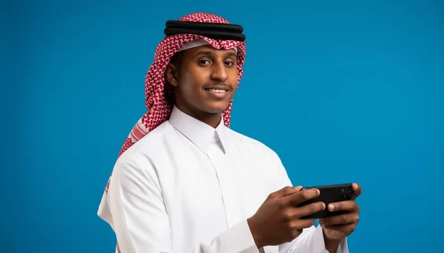رجل سعودي بالزي التقليدي يستخدم هاتف ذكي