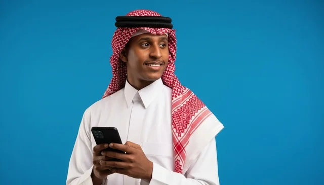 رجل سعودي يحمل هاتف ذكي بخلفية زرقاء