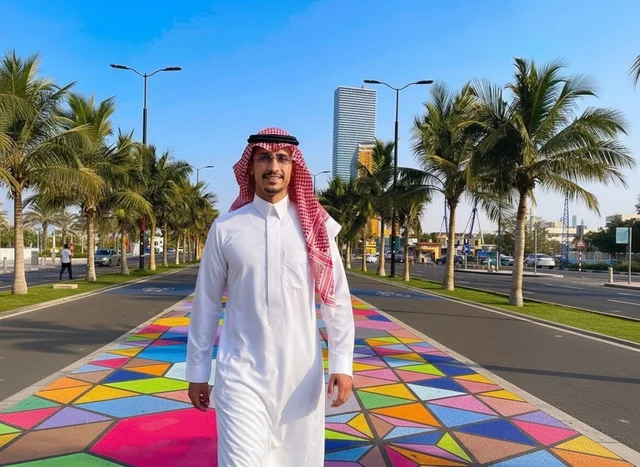 Saudi Man in Traditional Thobe on Colorful Jeddah Walkway Saudi Man in Traditional Thobe on Colorful Jeddah Walkway