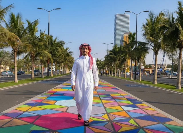 Saudi Man Walking on Colorful Waterfront Promenade