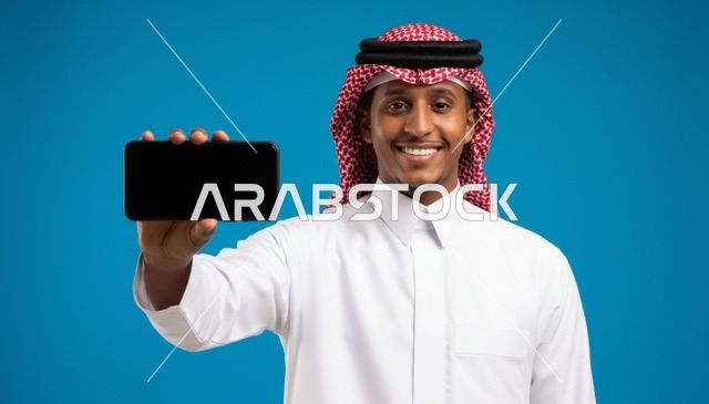رجل سعودي يحمل هاتف ذكي على خلفية زرقاء