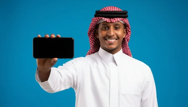 Saudi Man Holding Smartphone on Blue Background