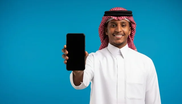 رجل سعودي يحمل هاتف ذكي بشاشة فارغة أمام خلفية زرقاء