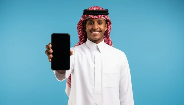 رجل سعودي يحمل هاتف ذكي بشاشة فارغة خلفية زرقاء