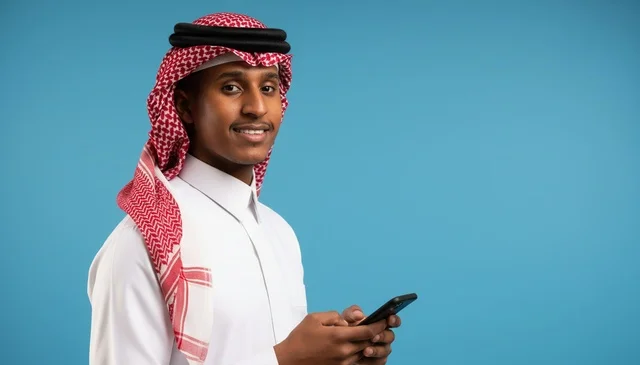 رجل سعودي بالزي التقليدي يستخدم الهاتف الذكي