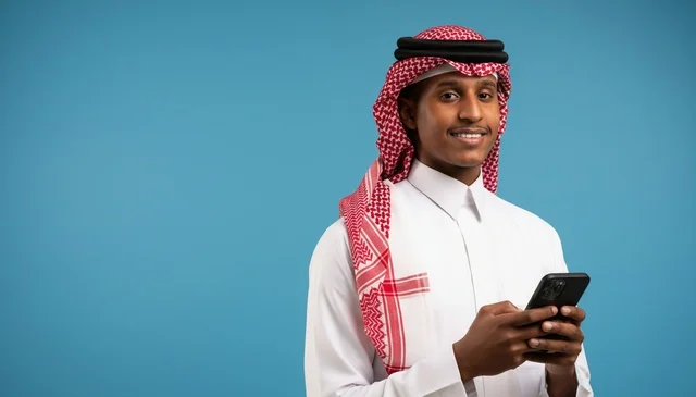 رجل سعودي بالزي التقليدي يمسك هاتف ذكي