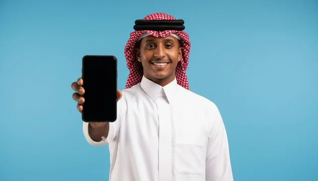 Saudi Man Holding Smartphone with Blank Screen