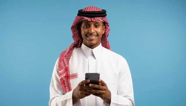 رجل سعودي بالثوب التقليدي يحمل هاتفاً ذكياً