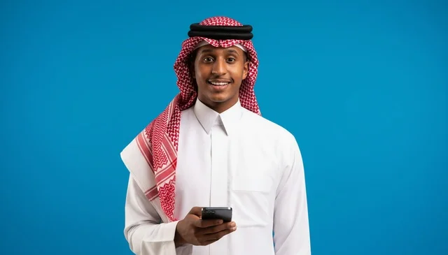 Saudi Man in Traditional Thobe Using Smartphone