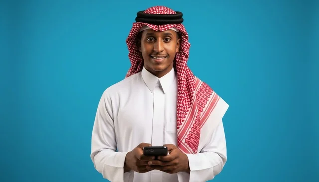 رجل سعودي يستخدم الهاتف المحمول بخلفية زرقاء