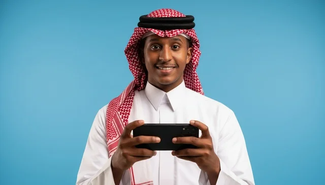 رجل سعودي بالزي التقليدي يستخدم الهاتف الذكي بخلفية زرقاء