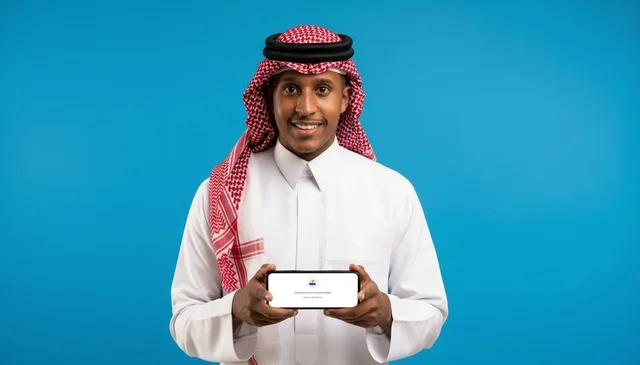 رجل سعودي يحمل هاتف ذكي خلفية زرقاء