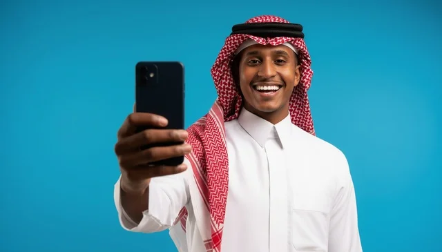 رجل سعودي مبتسم يلتقط صورة سيلفي أمام خلفية زرقاء