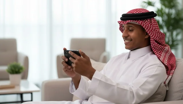رجل سعودي بالثوب التقليدي يستخدم الهاتف الذكي في المنزل