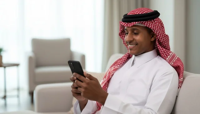 Saudi Man in Traditional Dress Using Smartphone Saudi Man in Traditional Dress Using Smartphone