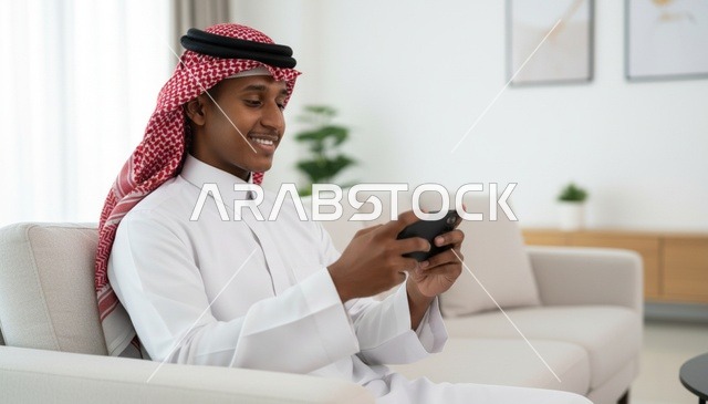 رجل سعودي يستخدم هاتف ذكي في غرفة معيشة