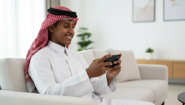 Saudi Man with Smartphone in Modern Living Room