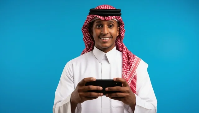 Saudi Man Using Smartphone on Blue Background