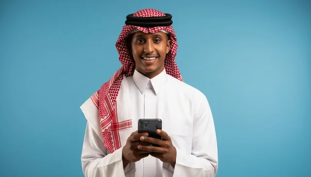 رجل سعودي يحمل هاتفاً ذكياً على خلفية زرقاء رجل سعودي يحمل هاتفاً ذكياً على خلفية زرقاء