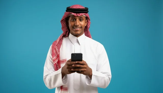 رجل سعودي يمسك هاتفاً ذكياً خلفية زرقاء