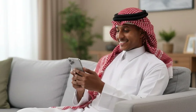رجل سعودي بالزي التقليدي يستخدم الهاتف الذكي في المنزل