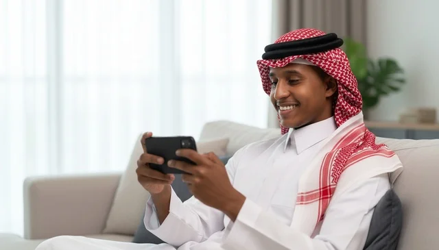 Saudi Man Using Smartphone in Living Room