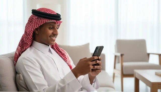 رجل سعودي بالثوب التقليدي يستخدم الهاتف الذكي