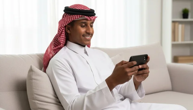 Saudi Man in Traditional Thobe Using Smartphone Indoors