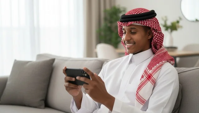 Saudi Man in Traditional Thobe Using Smartphone at Home