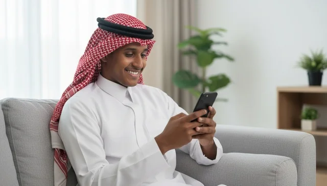 رجل سعودي يستخدم الهاتف الذكي في غرفة معيشة حديثة