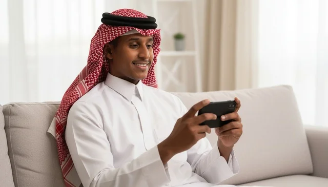 رجل سعودي بالزي التقليدي يستخدم الهاتف في المنزل