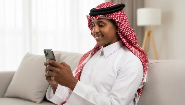 Saudi Man in Traditional Dress Using Smartphone Indoors