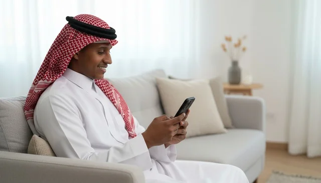 Saudi Man in Traditional Thobe Using Smartphone