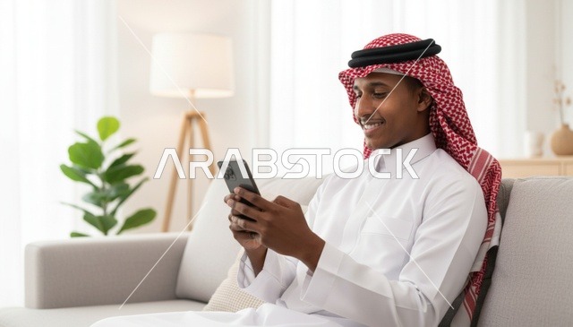 رجل سعودي بالثوب التقليدي يستخدم الهاتف الذكي على الأريكة