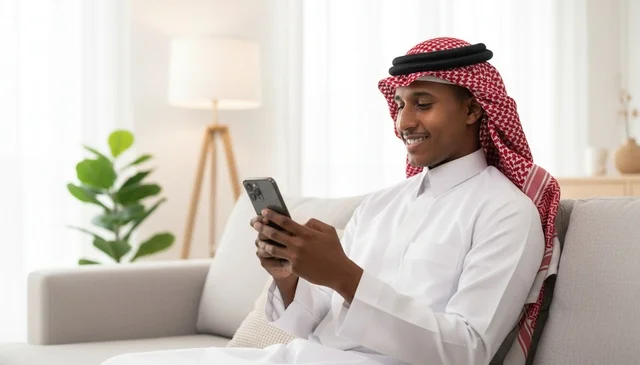 Saudi Man in Traditional Thobe Using Smartphone on Sofa