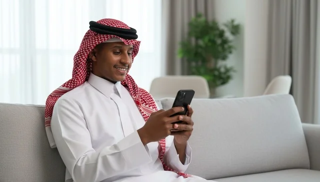 Saudi Man Using Smartphone in Modern Living Room