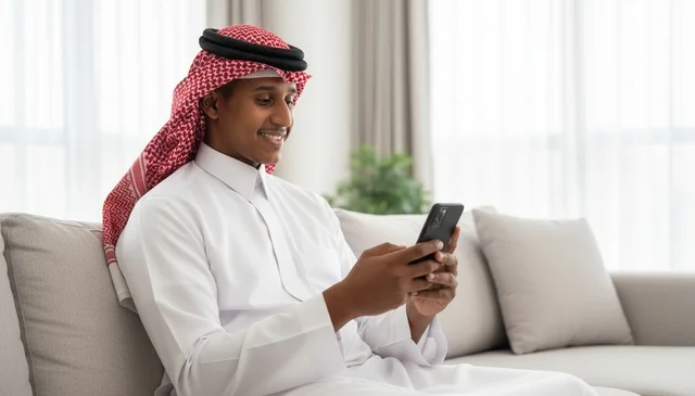 Saudi Man in Traditional Thobe Using Smartphone on Sofa