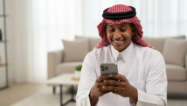رجل سعودي يستخدم الهاتف الذكي بالزي التقليدي