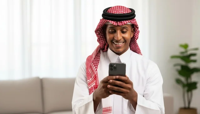 Saudi Man in Traditional Thobe Using Smartphone Indoor